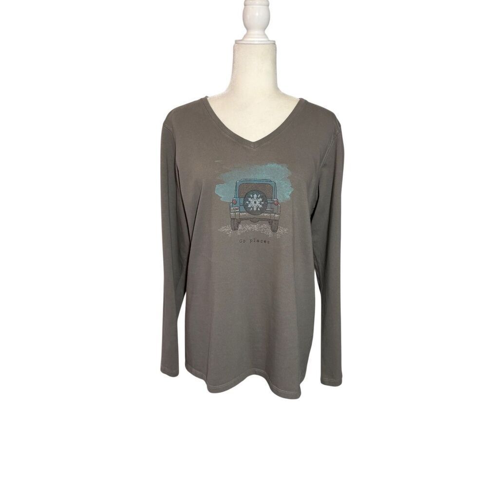 Life Is Good Jeep “Go Places” long sleeve gray graphic v-neck t-shirt - L